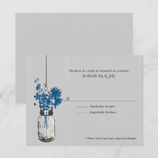 RSVP-kaart Blauwe Wilde Bloemen & Mason Jar RSVP Kaartje (Voorkant / Achterkant)