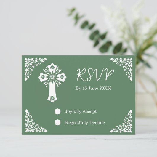 RSVP kaart Bloemen Kruis Doop varen Groen (Staand voorkant)