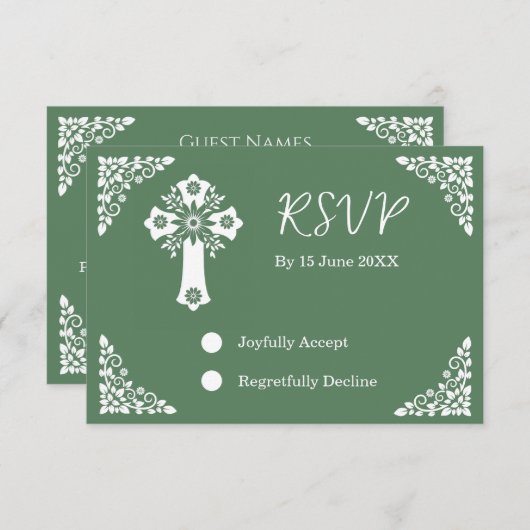 RSVP kaart Bloemen Kruis Doop varen Groen (Voorkant / Achterkant)