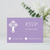 RSVP-kaart Bloemenkruis doop Lila RSVP Kaartje (Staand voorkant)