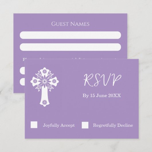 RSVP-kaart Bloemenkruis doop Lila RSVP Kaartje (Voorkant / Achterkant)