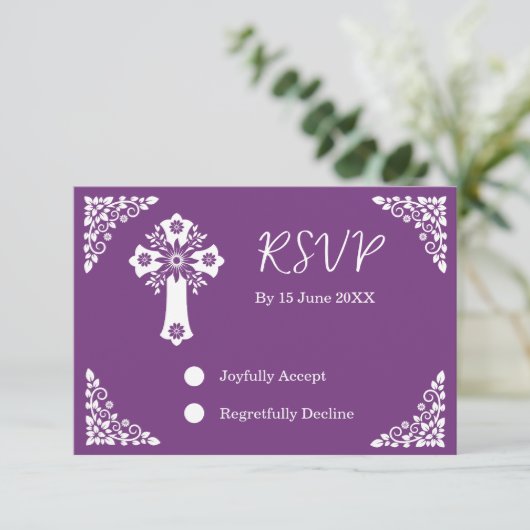 RSVP-kaart Bloemenkruis doopsel Sweet Plum RSVP Kaartje (Staand voorkant)