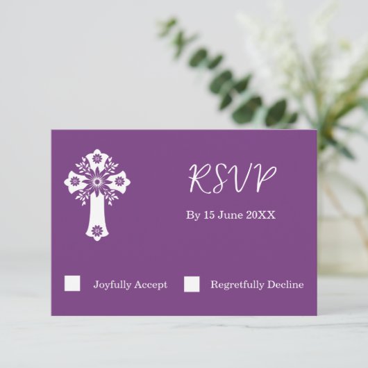 RSVP-kaart Bloemenkruis doopsel Sweet Plum RSVP Kaartje (Staand voorkant)