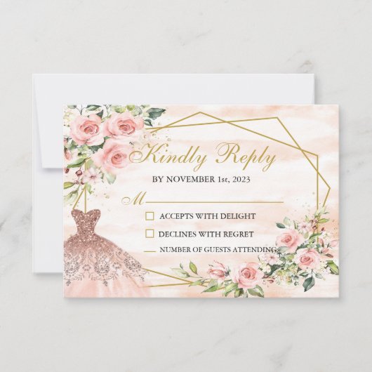 RSVP-kaart Blush Roze Quinceañera RSVP Kaartje (Voorkant)