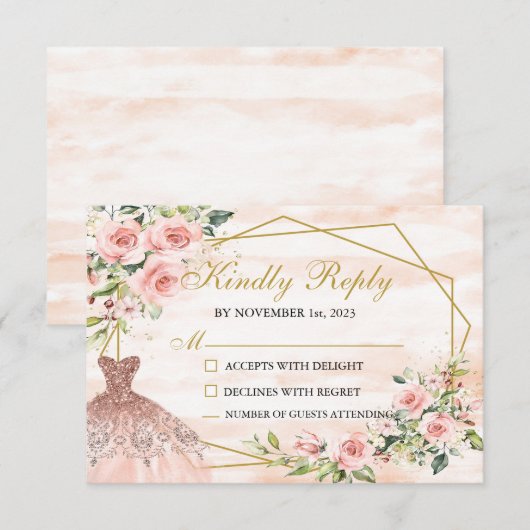 RSVP-kaart Blush Roze Quinceañera RSVP Kaartje (Voorkant / Achterkant)