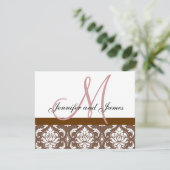 RSVP-kaart Bruin Roze Damask Monogram RSVP Kaartje (Staand voorkant)