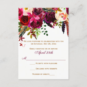 RSVP-Kaart - Burgundy Floral, veren Kaart