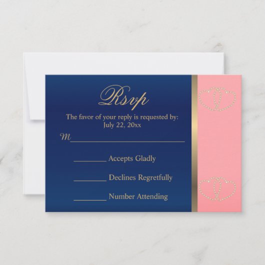 RSVP-kaart Coral & Navy met Gold Hearts RSVP Kaartje (Voorkant)