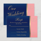 RSVP-kaart Coral & Navy met Gold Hearts RSVP Kaartje (Voorkant / Achterkant)