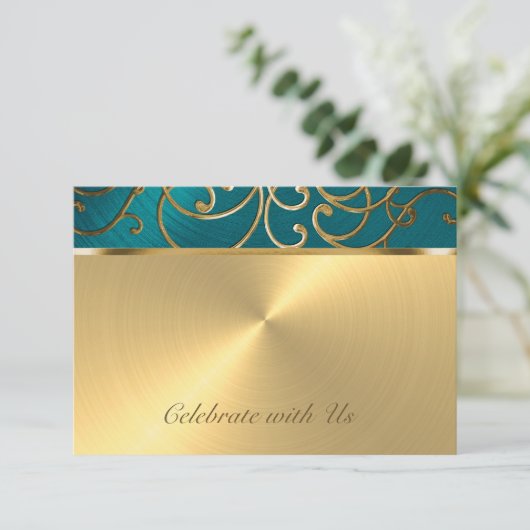 RSVP-kaart Elegant Blauwgroen Blue en Gold Filigre RSVP Kaartje (Staand voorkant)