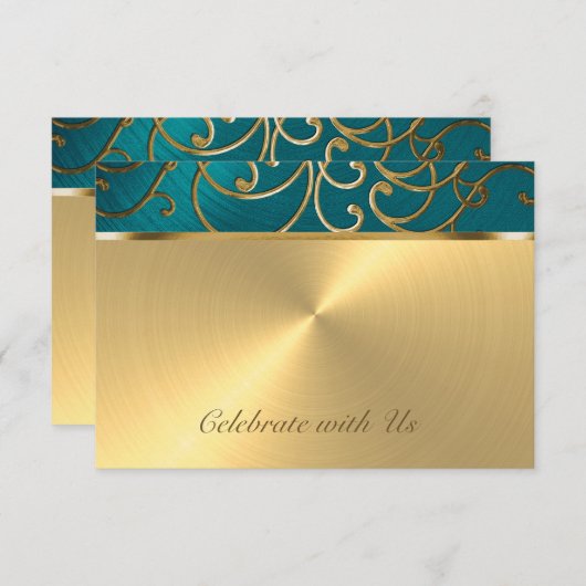 RSVP-kaart Elegant Blauwgroen Blue en Gold Filigre RSVP Kaartje (Voorkant / Achterkant)