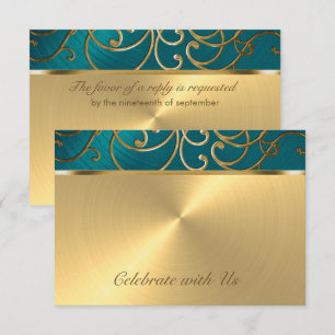 RSVP-kaart Elegant Blauwgroen Blue en Gold Filigre RSVP Kaartje