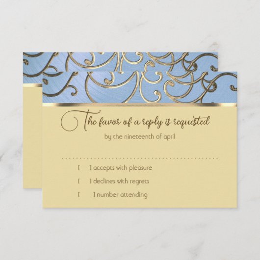 RSVP-kaart Elegant Dusty Blue en Gold Filigree Kaart (Voorkant / Achterkant)
