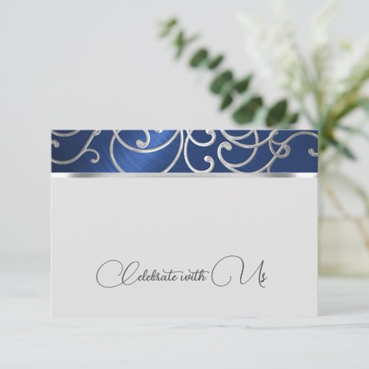RSVP-kaart Elegant marineblauw en zilveren filigra Kaart (Staand voorkant)