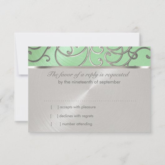 RSVP-kaart Elegant Mint Green Silver Filigree RSVP Kaartje (Achterkant)