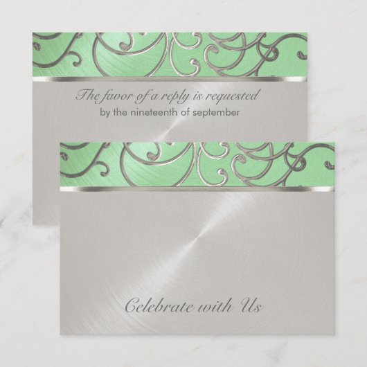 RSVP-kaart Elegant Mint Green Silver Filigree RSVP Kaartje (Voorkant / Achterkant)