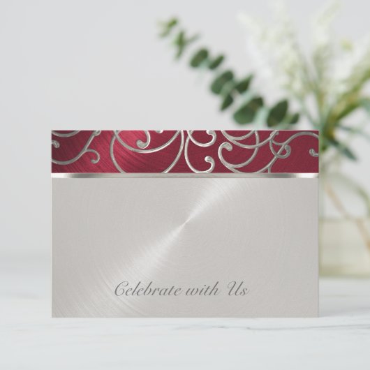 RSVP-kaart Elegant Red en Silver Filigree RSVP Kaartje (Staand voorkant)