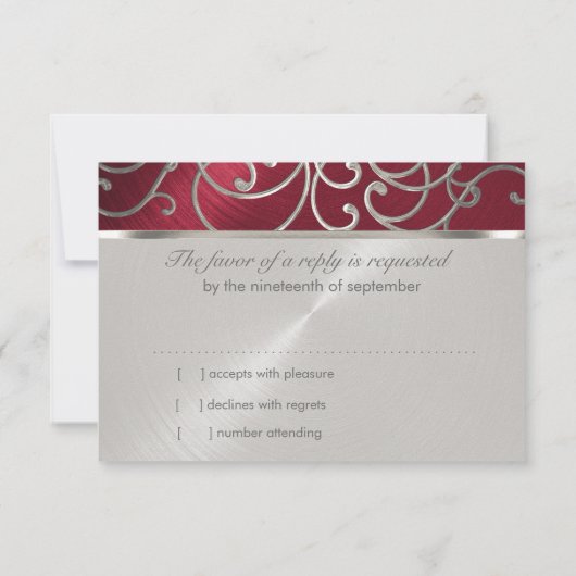 RSVP-kaart Elegant Red en Silver Filigree RSVP Kaartje (Achterkant)