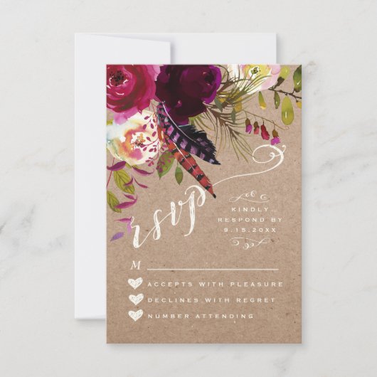 RSVP-KAART | Elegante Bloemen Rustiek Boho Roos Kr RSVP Kaartje (Voorkant)