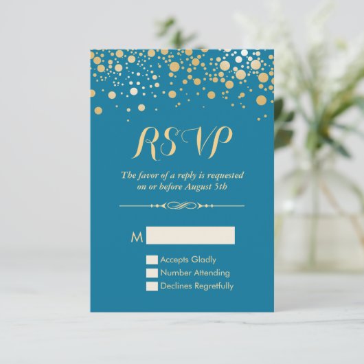 RSVP-kaart - Gold Confetti Stippen Royal Blue RSVP Kaartje (Staand voorkant)