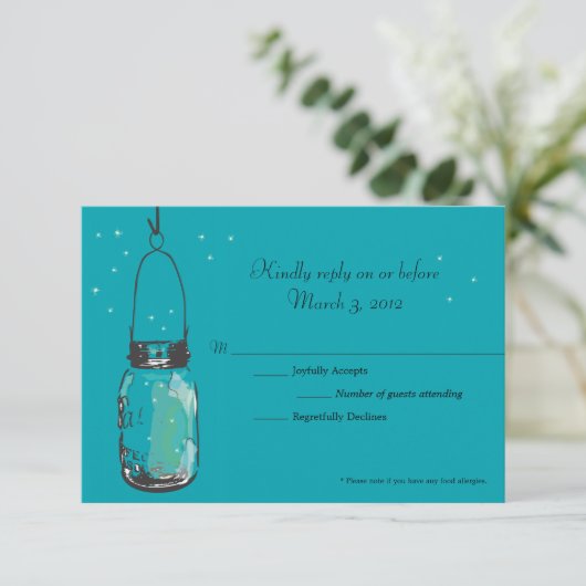 RSVP-kaart Mason Jar en Fireflies RSVP Kaartje (Staand voorkant)