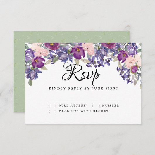 RSVP-kaart met blindroze en Paarse bruiloft RSVP Kaartje (Voorkant / Achterkant)