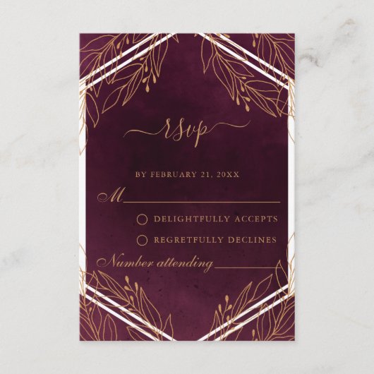 RSVP-Kaart met Bourgogne en Gold Wedding Advieskaart (Voorkant)