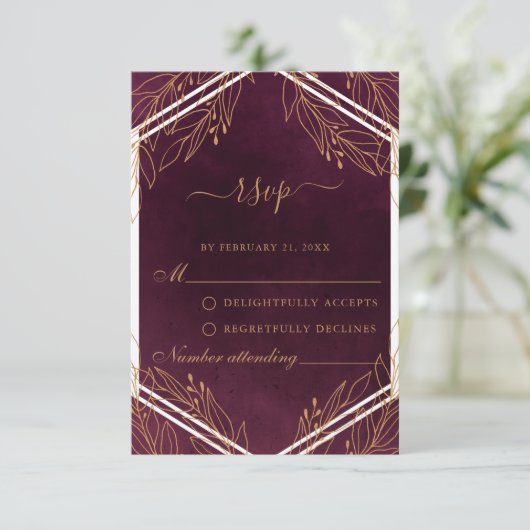 RSVP-Kaart met Bourgogne en Gold Wedding Advieskaart (Staand voorkant)