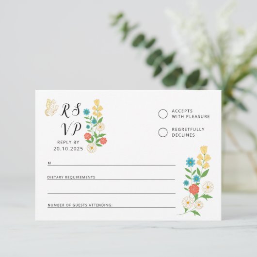 RSVP-kaart met getrokken wilde bloemen RSVP Kaartje (Staand voorkant)