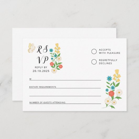 RSVP-kaart met getrokken wilde bloemen RSVP Kaartje (Voorkant / Achterkant)