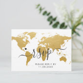 RSVP-kaart met Gold Wereldkaart-reisbestemming (Staand voorkant)