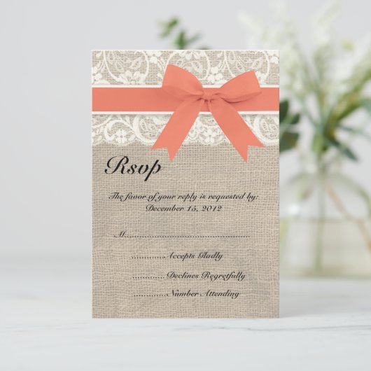 RSVP-kaart met lace en koraal, lint en burlap RSVP Kaartje (Staand voorkant)