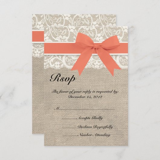 RSVP-kaart met lace en koraal, lint en burlap RSVP Kaartje (Voorkant / Achterkant)