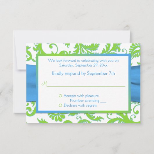 RSVP-kaart met limoen, wit, blauw AFGEDRUKT RSVP Kaartje (Achterkant)