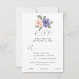 RSVP-kaart met paarse bloemen en kant-en-menu RSVP Kaartje