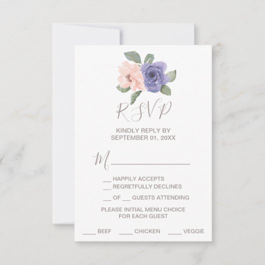 RSVP-kaart met paarse bloemen en kant-en-menu RSVP Kaartje (Voorkant)
