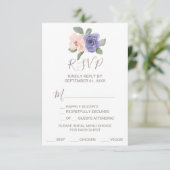 RSVP-kaart met paarse bloemen en kant-en-menu RSVP Kaartje (Staand voorkant)