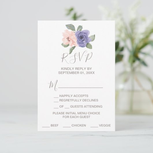 RSVP-kaart met paarse bloemen en kant-en-menu RSVP Kaartje (Staand voorkant)