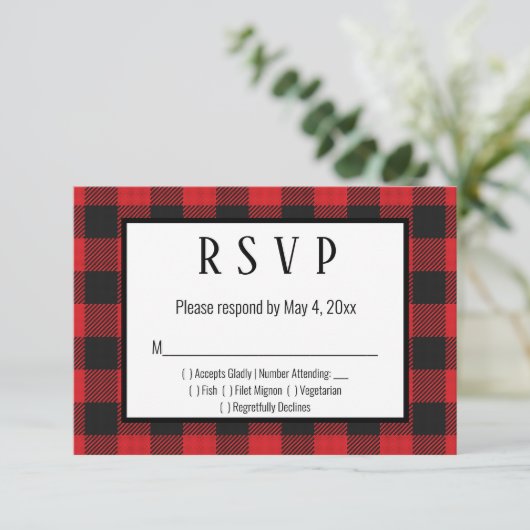 RSVP-kaart met Red Black Buffalo Pset Wedding RSVP (Staand voorkant)
