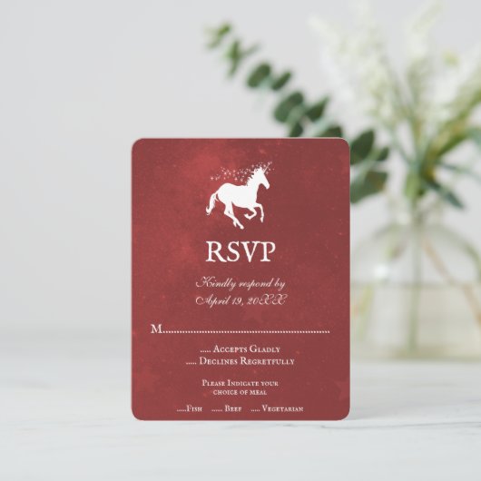 RSVP-Kaart met Red Unicorn Wedding RSVP (Staand voorkant)