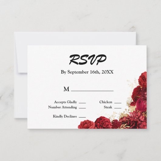 RSVP-Kaart met rode en goudbloemen RSVP Kaartje (Voorkant)