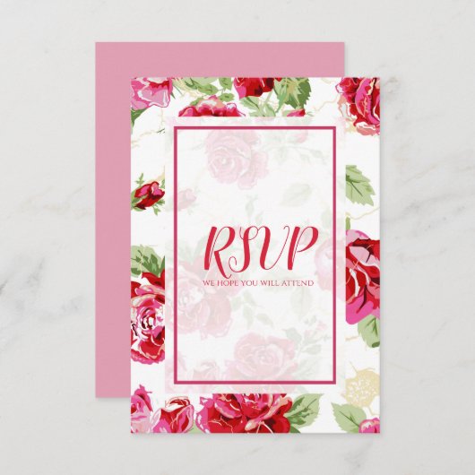 RSVP-kaart met rode roze florale afdruk RSVP Kaartje (Voorkant / Achterkant)