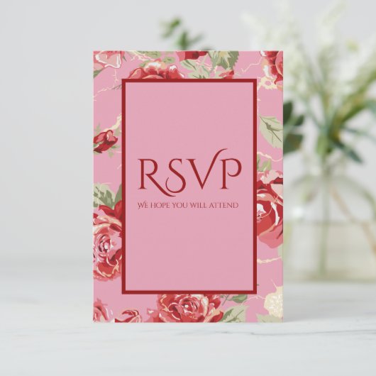 RSVP-kaart met rode roze florale afdruk RSVP Kaartje (Staand voorkant)