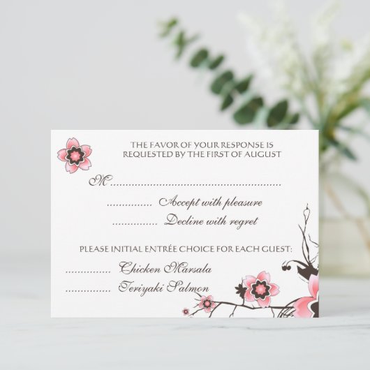 RSVP-kaart met roze en bruine Cherry Blossom RSVP Kaartje (Staand voorkant)