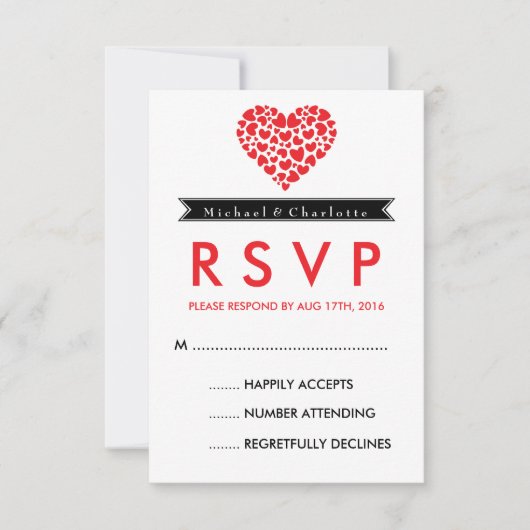 RSVP-Kaart met zwart en wit huwelijk met rood hart RSVP Kaartje (Voorkant)