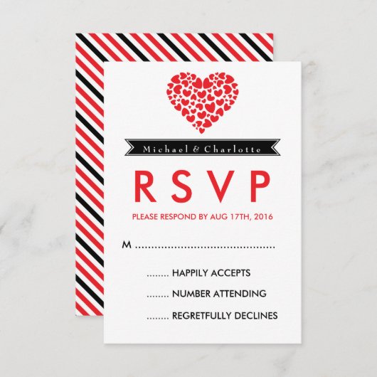 RSVP-Kaart met zwart en wit huwelijk met rood hart RSVP Kaartje (Voorkant / Achterkant)