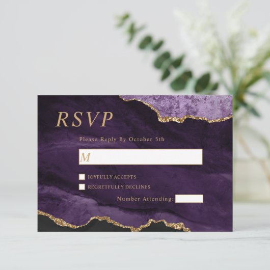 RSVP-kaart met zwarte en Paarse gouden bruiloft RSVP Kaartje (Staand voorkant)