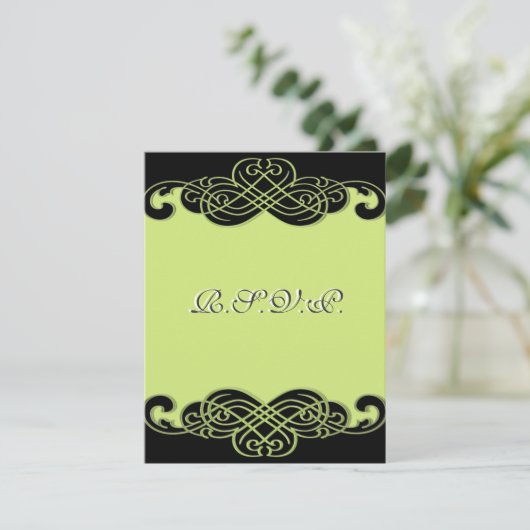 RSVP-kaart met zwarte en peergroene scroller RSVP Kaartje (Staand voorkant)