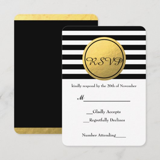 RSVP-kaart met zwarte & witte striped Gold-oliecir RSVP Kaartje (Voorkant / Achterkant)