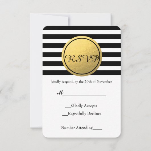 RSVP-kaart met zwarte & witte striped Gold-oliecir RSVP Kaartje (Voorkant)